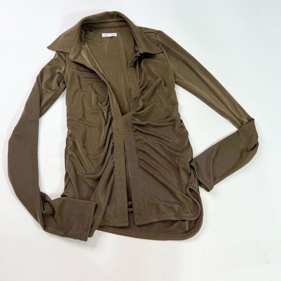 Good American Tops Womens small 1 Brown Long-Sleeve Pointed Collar Ruched Shirt - Picture 1 of 8